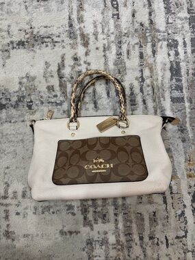 COACH Two-Tone Pebble Leather Satchel with Signature Pocket - Cream & Brown